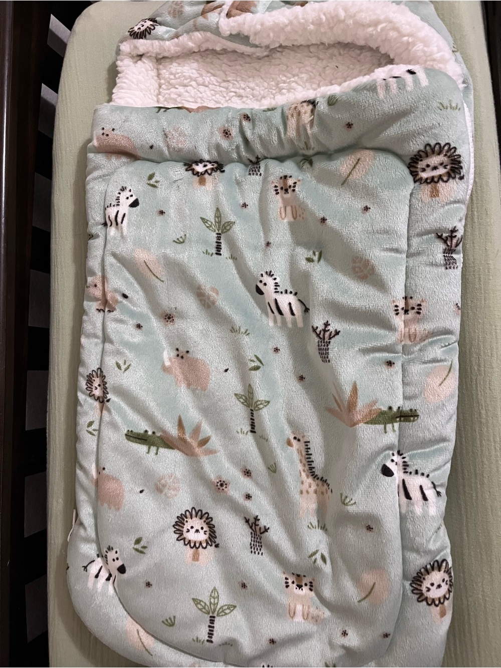 Mint Green Sherpa-Lined Baby Sleeping Bag with Safari Print